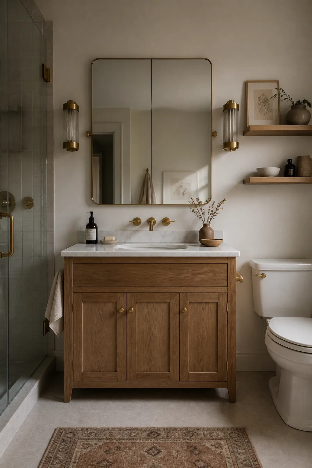 Single-sink vanity with a divided mirror above