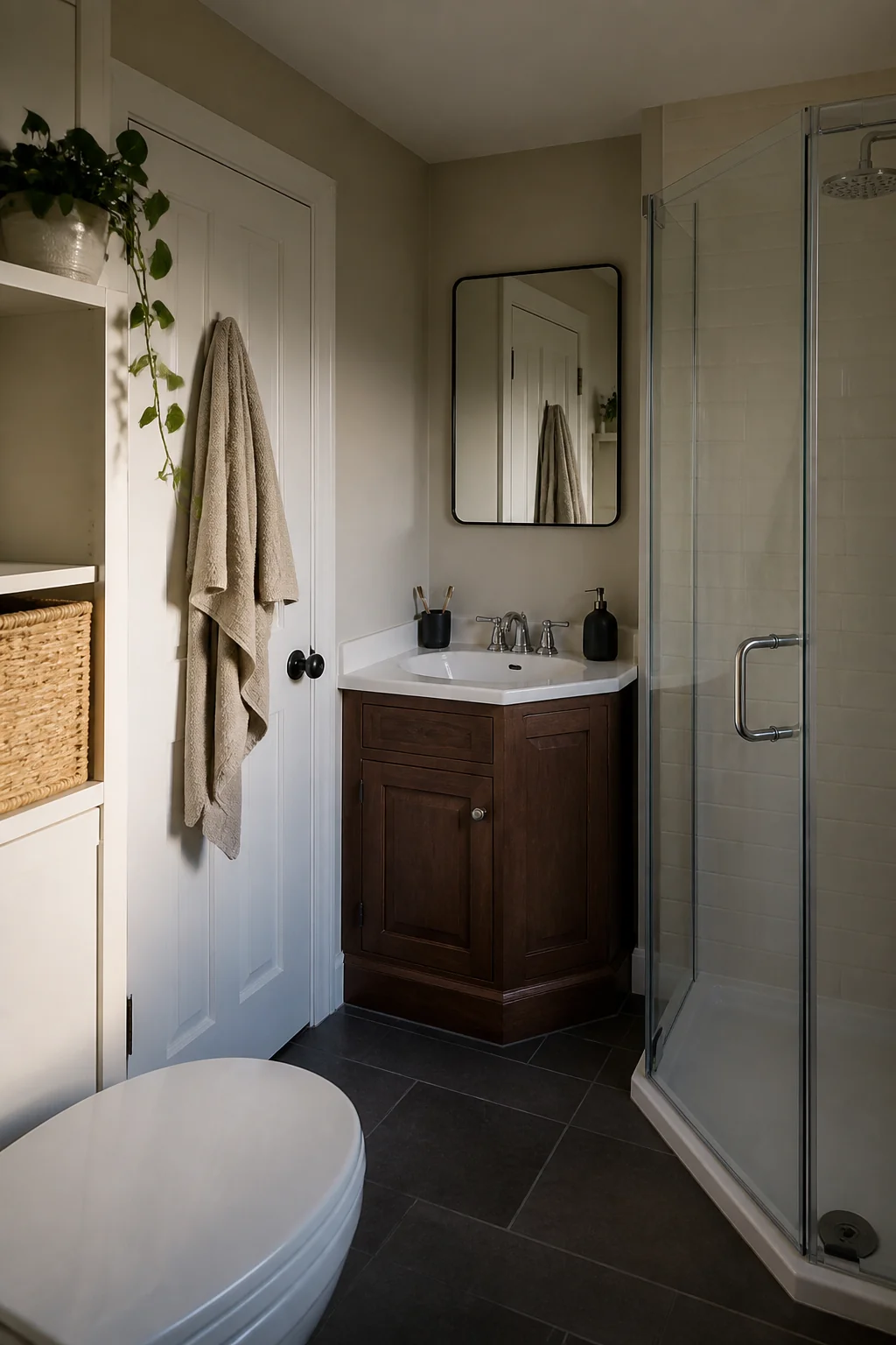 Corner sink with angled vanity cabinet