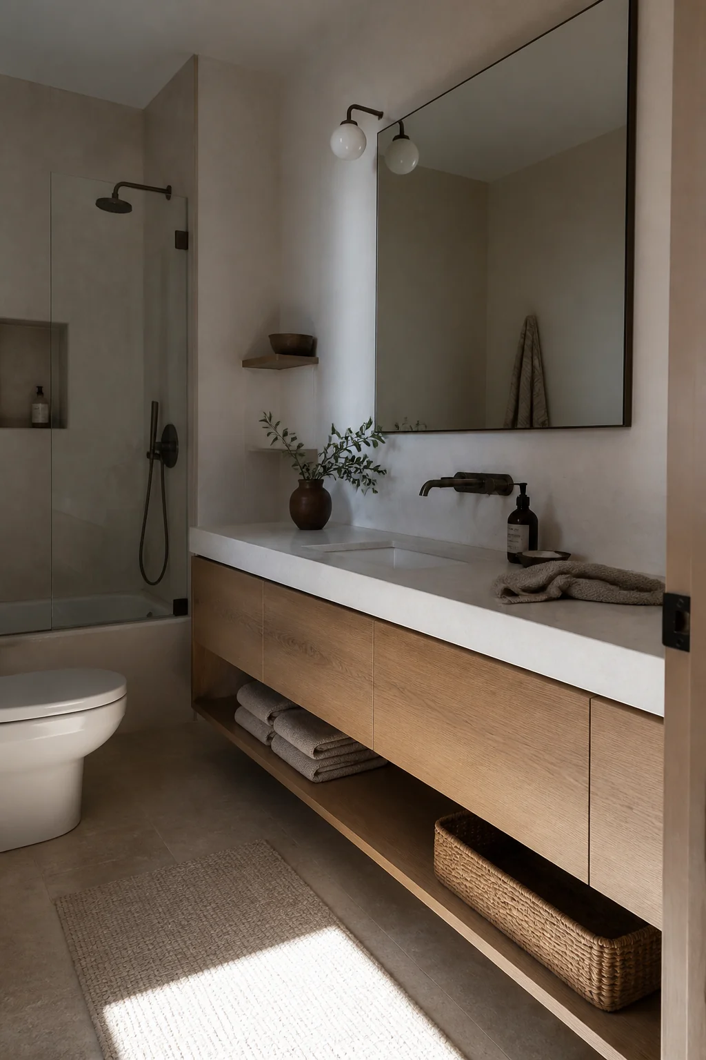 Minimalist slab vanity with integrated lighting