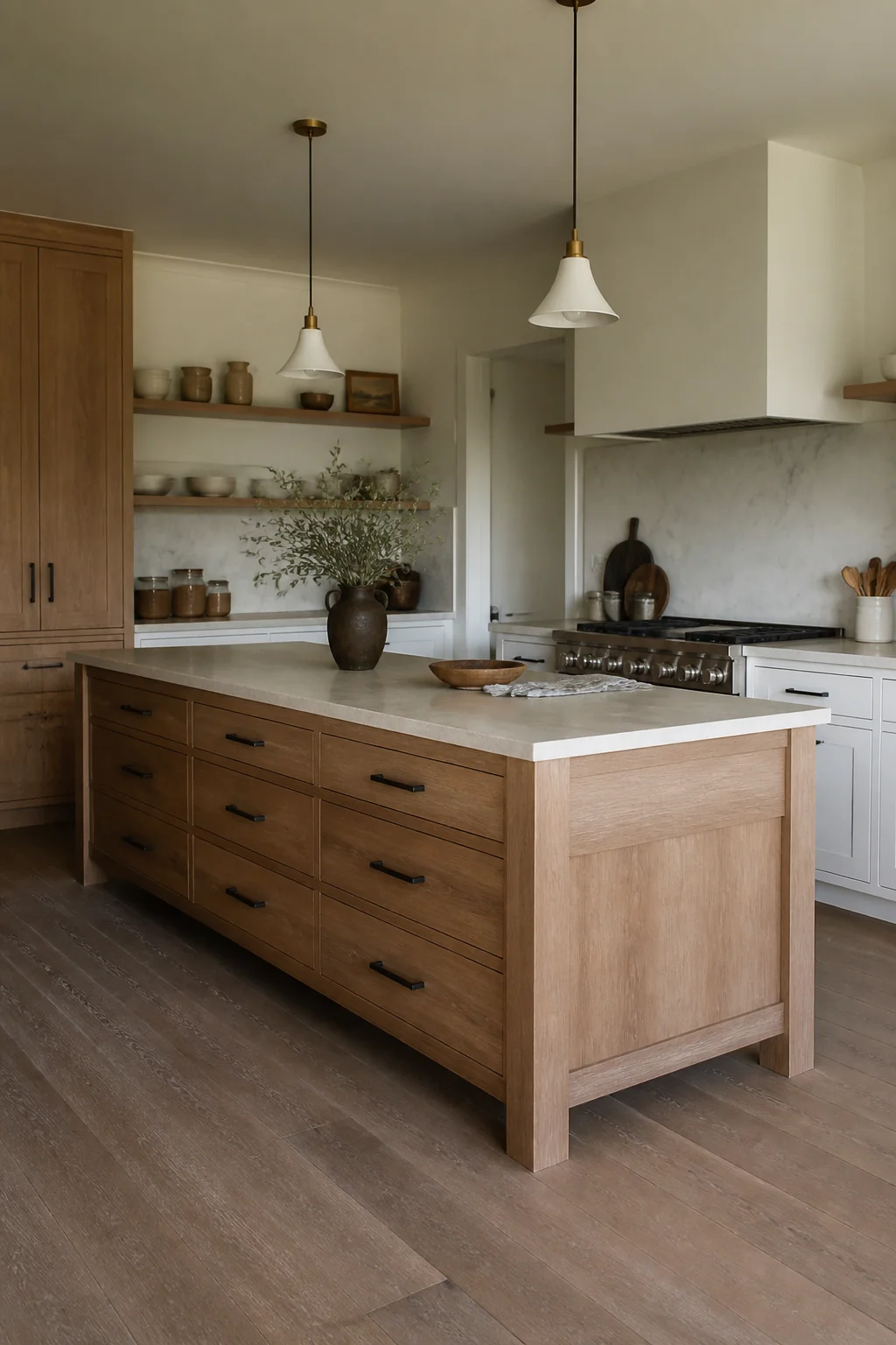 A Long, Low Island Without Upper Cabinets