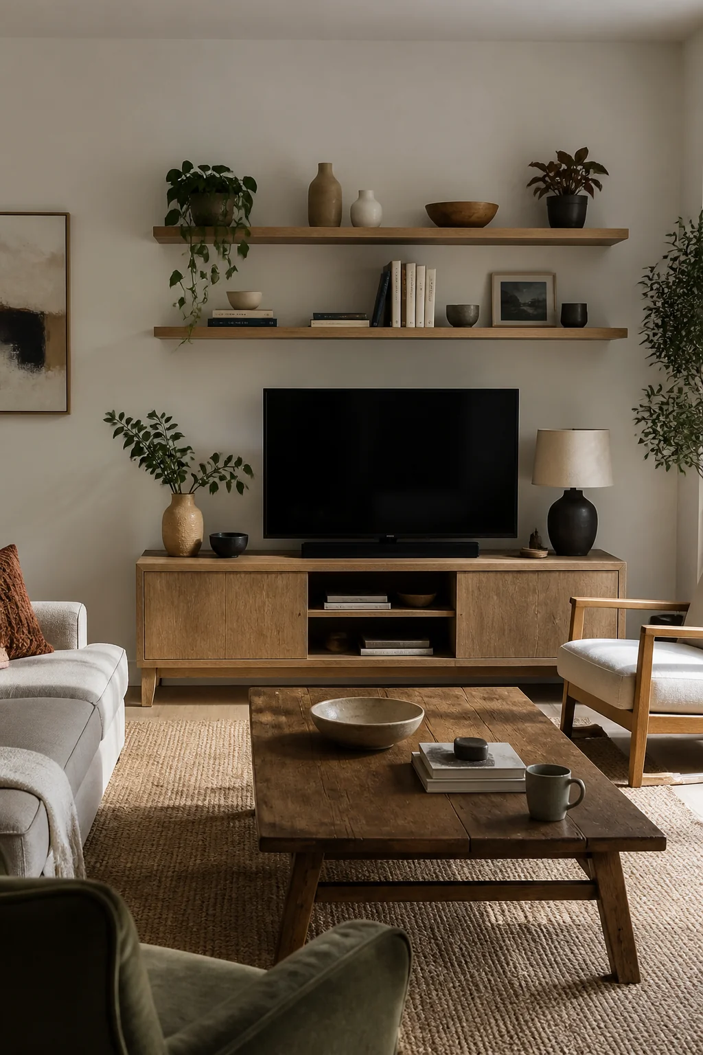 Add open shelving or floating shelves above existing furniture