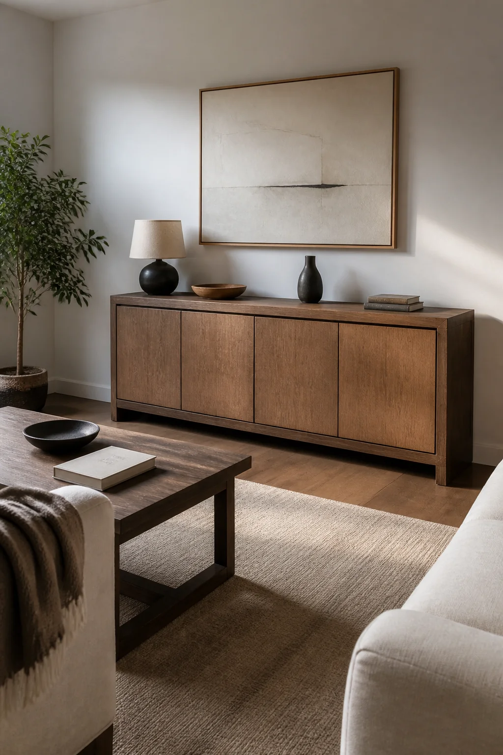 Use a credenza or console for storage instead of decorative accessories