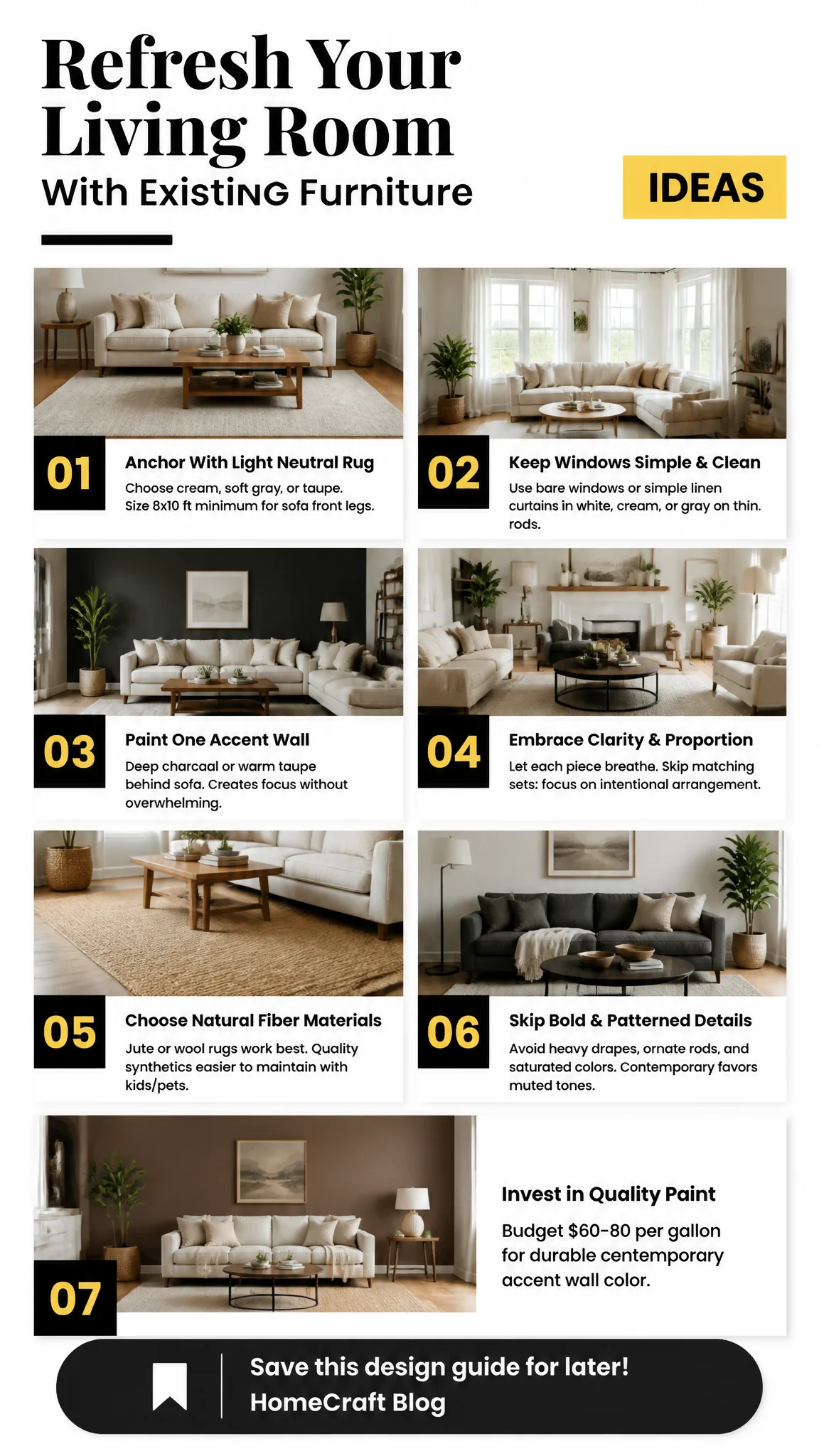 14 Modern Contemporary Living Room Design Ideas That Work With Existing Furniture — key ideas illustrated