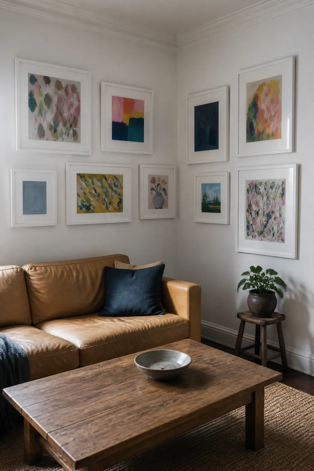 White Frames on White Wall with Colorful Art