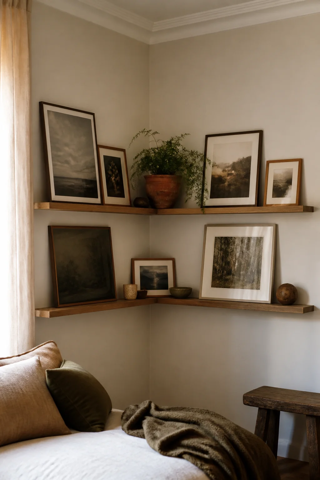 Floating Corner Shelf with Leaning Art