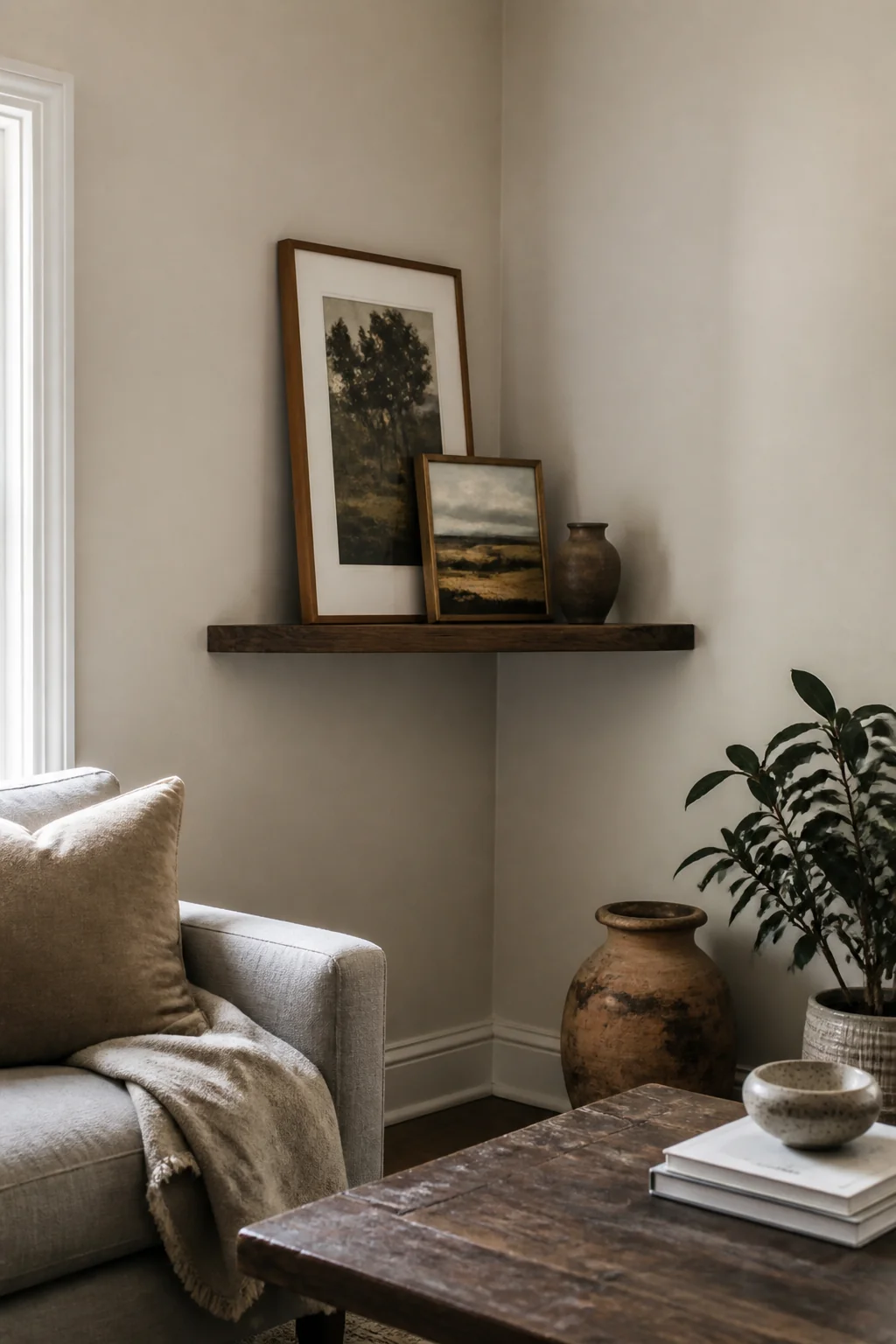 Floating Corner Shelf with Leaning Art