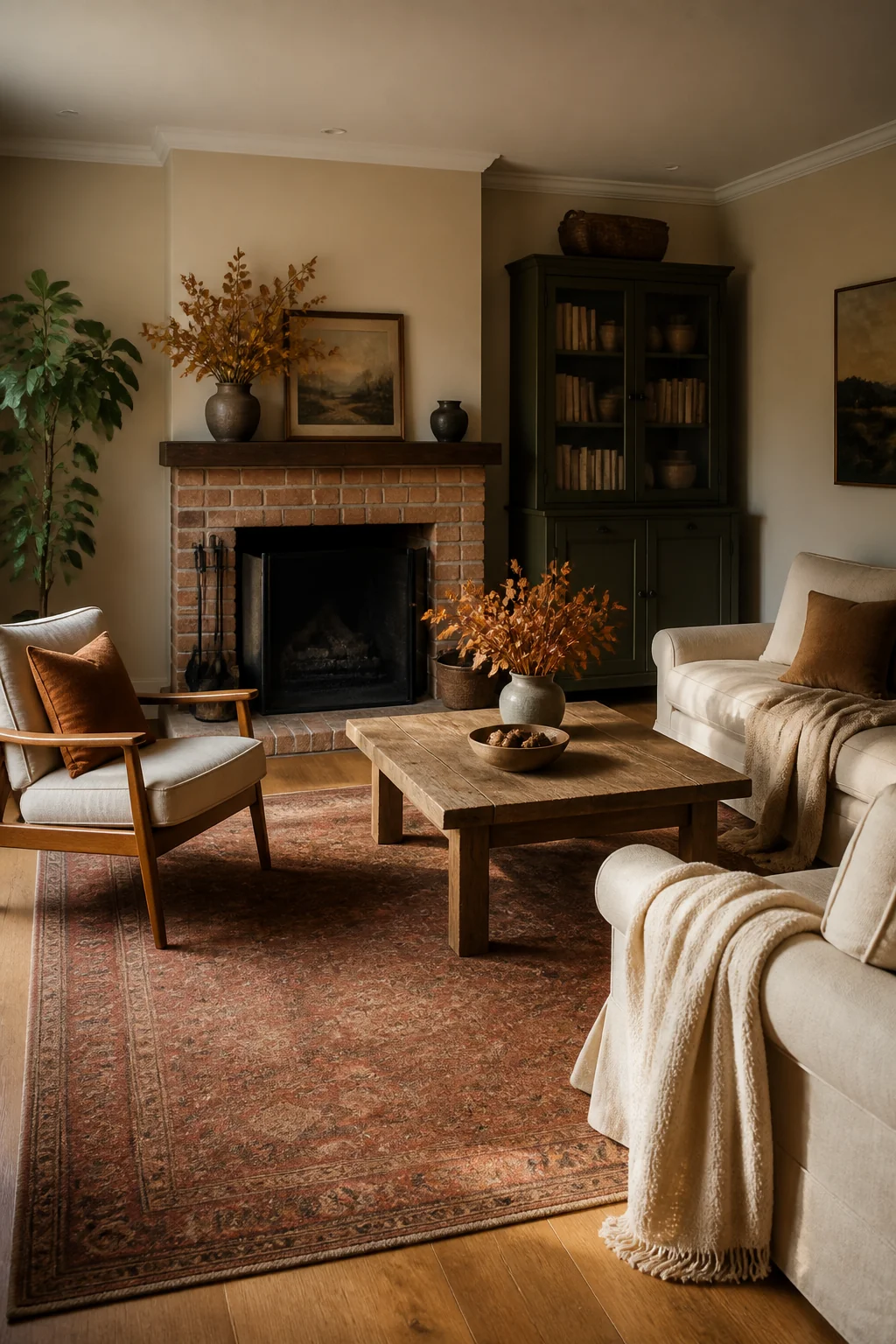 Use an area rug that's warm-toned and slightly darker than your walls