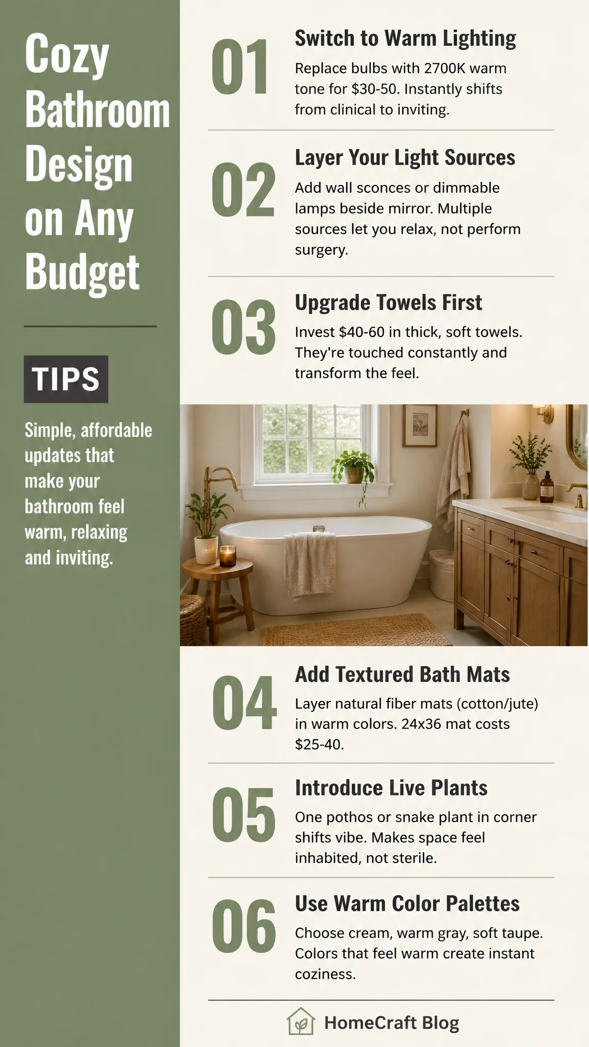 How to Create a Cozy Bathroom Aesthetic on Any Budget — complete guide infographic