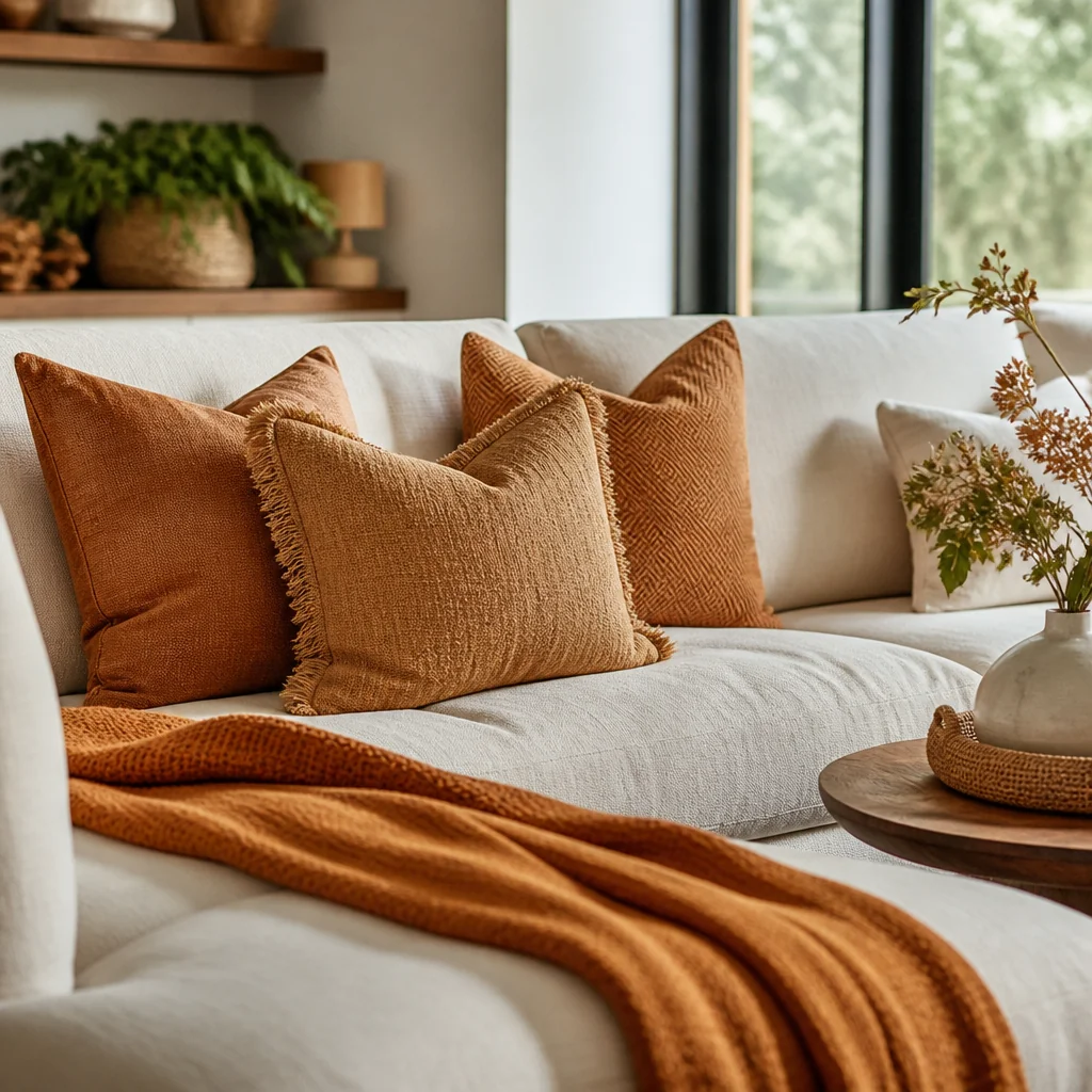 Swap in warm-toned throw pillows and blankets