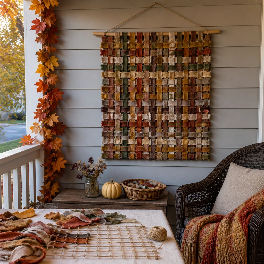 Weave fabric scraps through a grid of twine