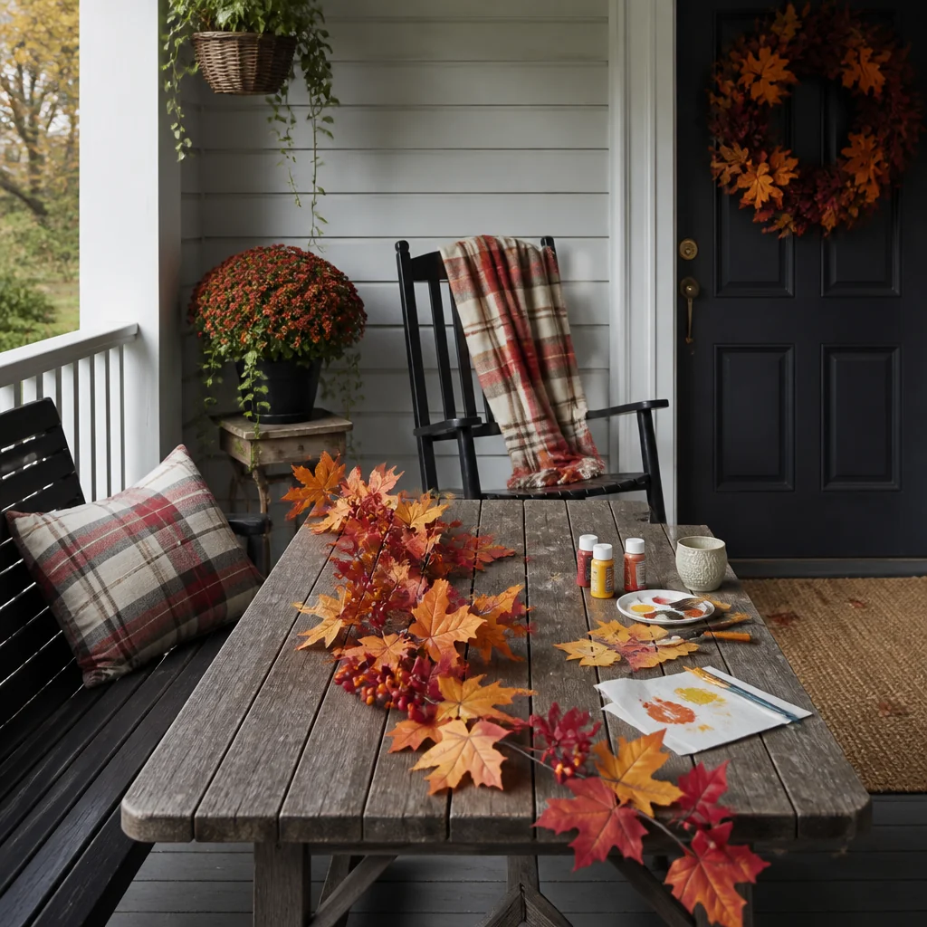 Build a garland from painted paper leaves and faux berries