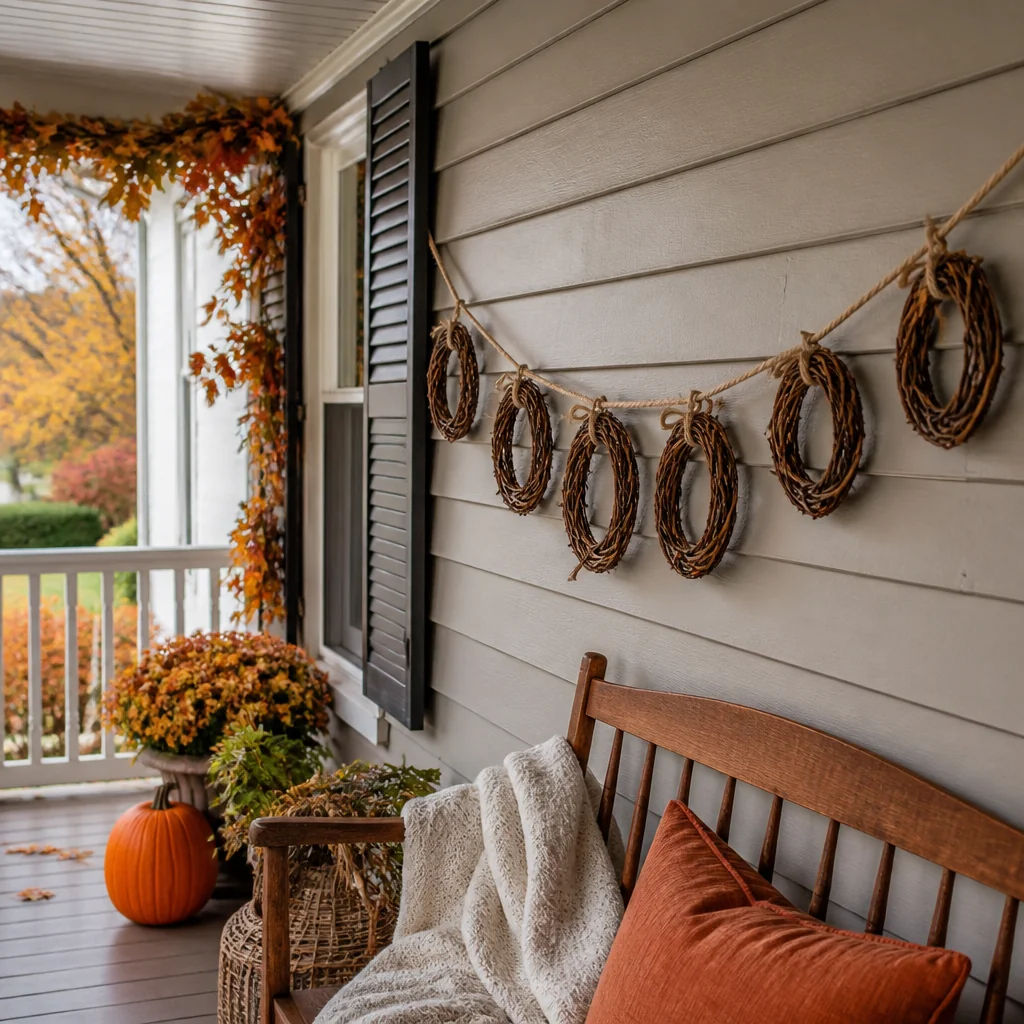 Stack and tie small grapevine wreaths along a jute rope