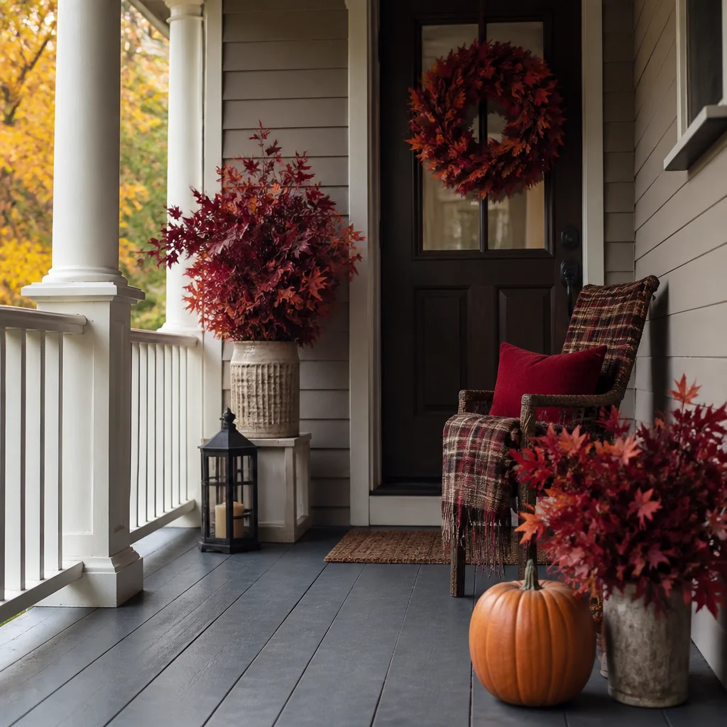 Artificial maple leaves in red and burgundy layered deep