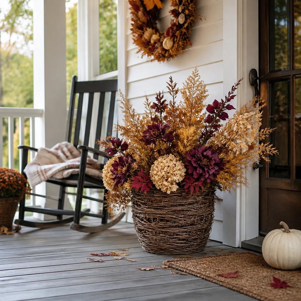 Grapevine base with dried flowers in jewel tones