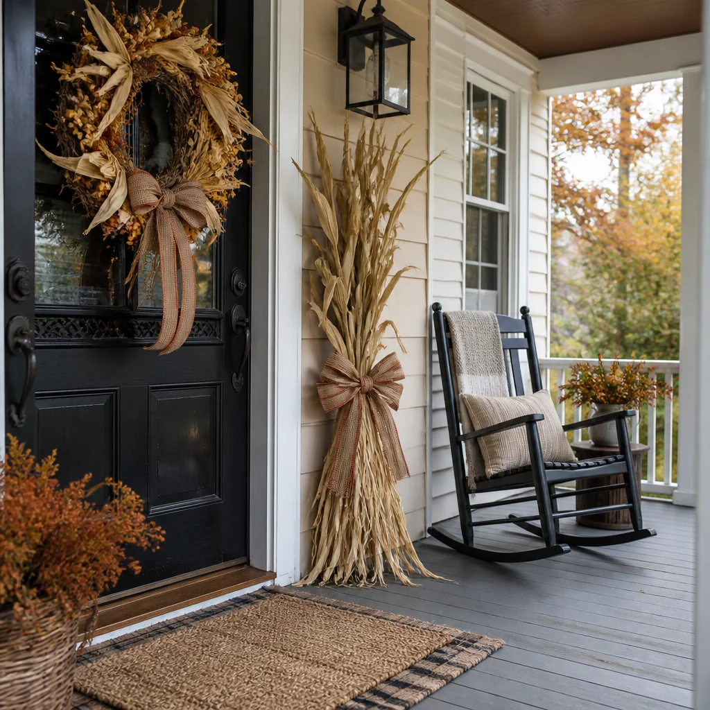 Corn husks and raffia with a woven fabric bow