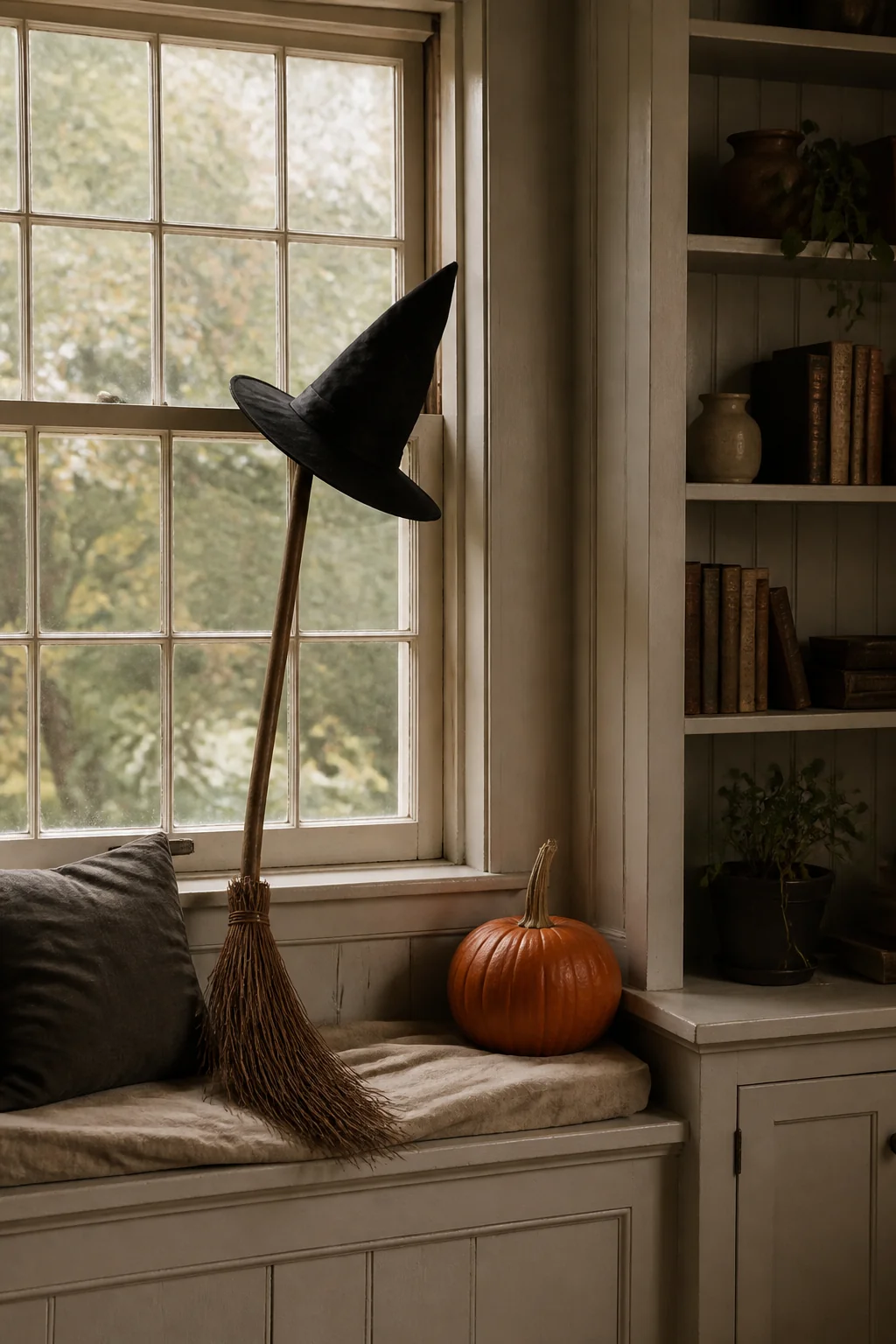 Witch hat and broomstick propped in the sill