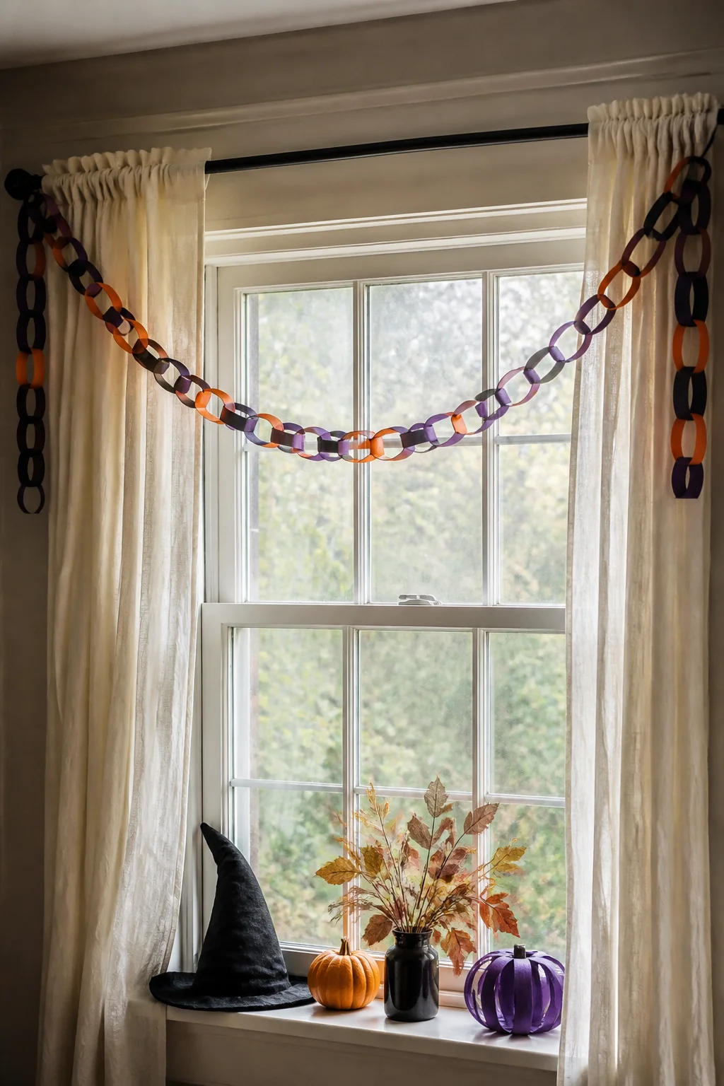 Paper chain garland hung from curtain rods