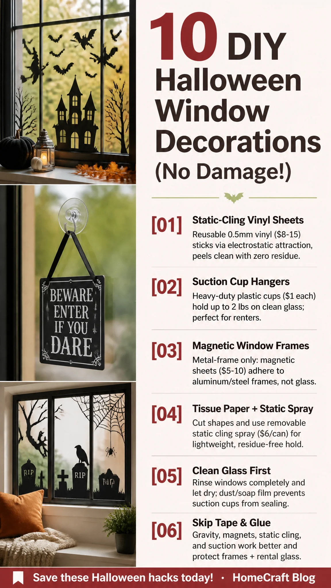 10 Easy DIY Halloween Window Decorations That Stick Without Damage — key ideas illustrated