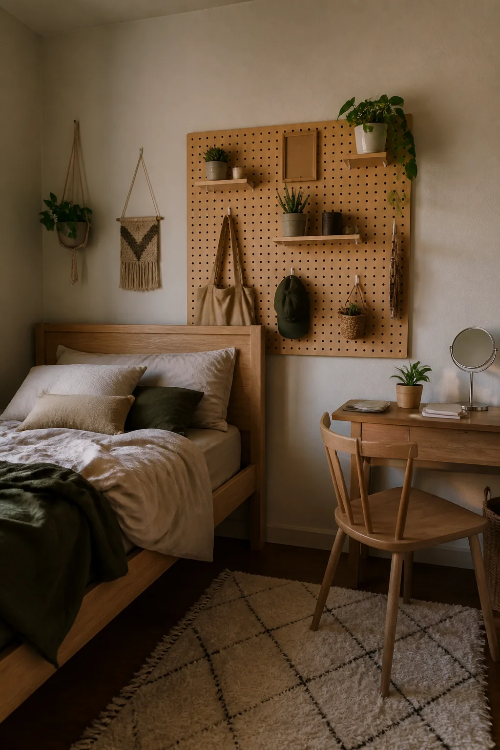 Mount a pegboard and style it with hooks and small decor