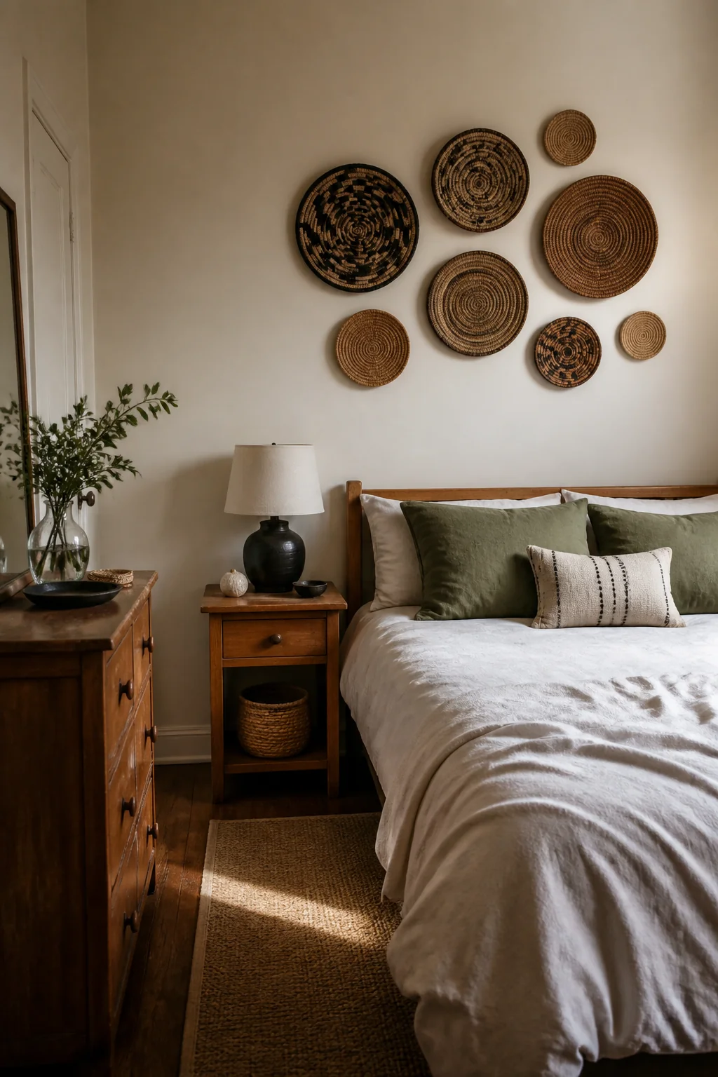 Hang a collection of woven wall plates or decorative bowls