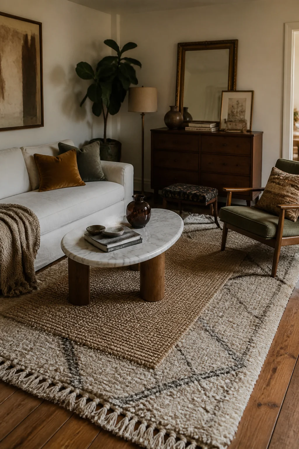 Layer rugs in different textures and tones
