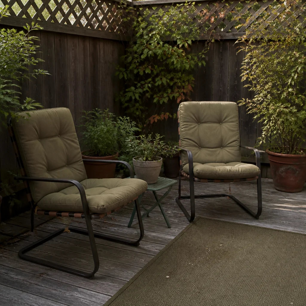 Use outdoor cushions on basic lawn chairs to make them look intentional