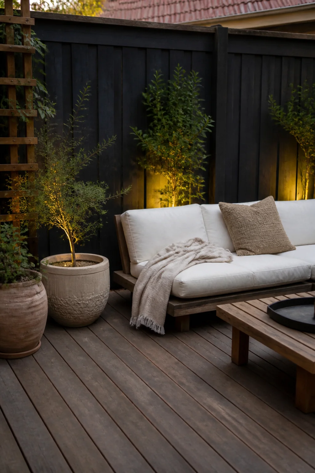 Use battery-operated uplighting behind plants or on fence lines