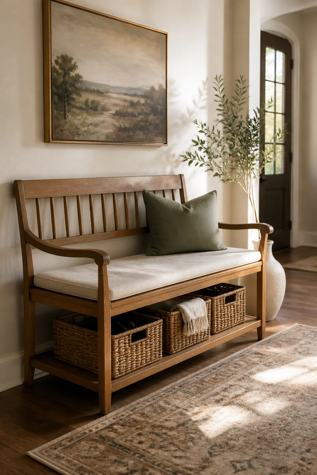 Illustration: An entryway bench with storage looks intentional the moment you add the right finishing touch. A soft cushion, decorative baskets stacked below, or a throw draped over the edge turns a simple storage piece into a designed moment. These styling tricks work on any of the 10 options covered, no matter your budget or space. Anyone who wants their entry to look settled and put-together will see it here. Save this for the day you're styling your bench and want ideas that feel complete.