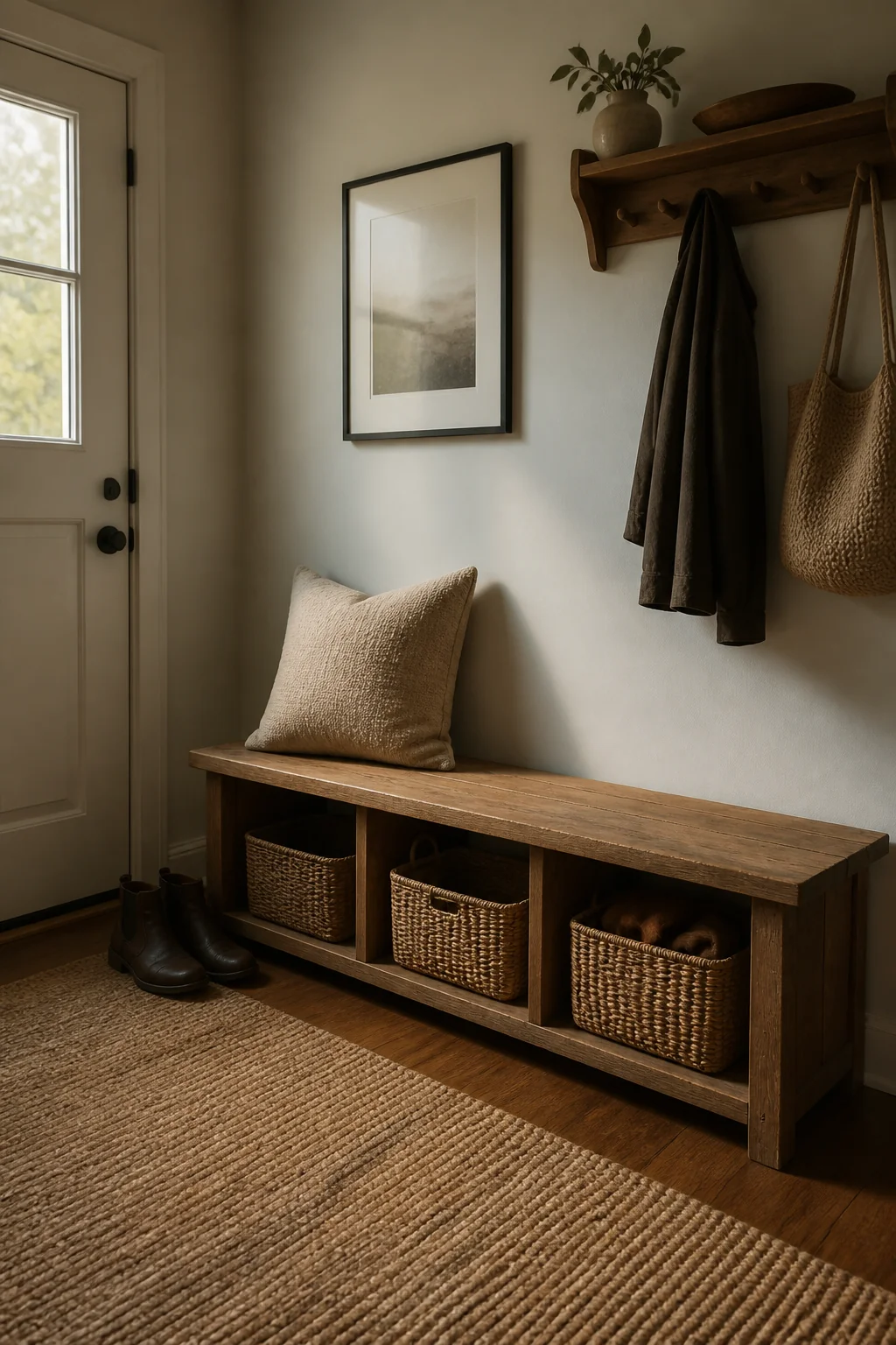 A Low Wooden Bench With Cubbies Underneath