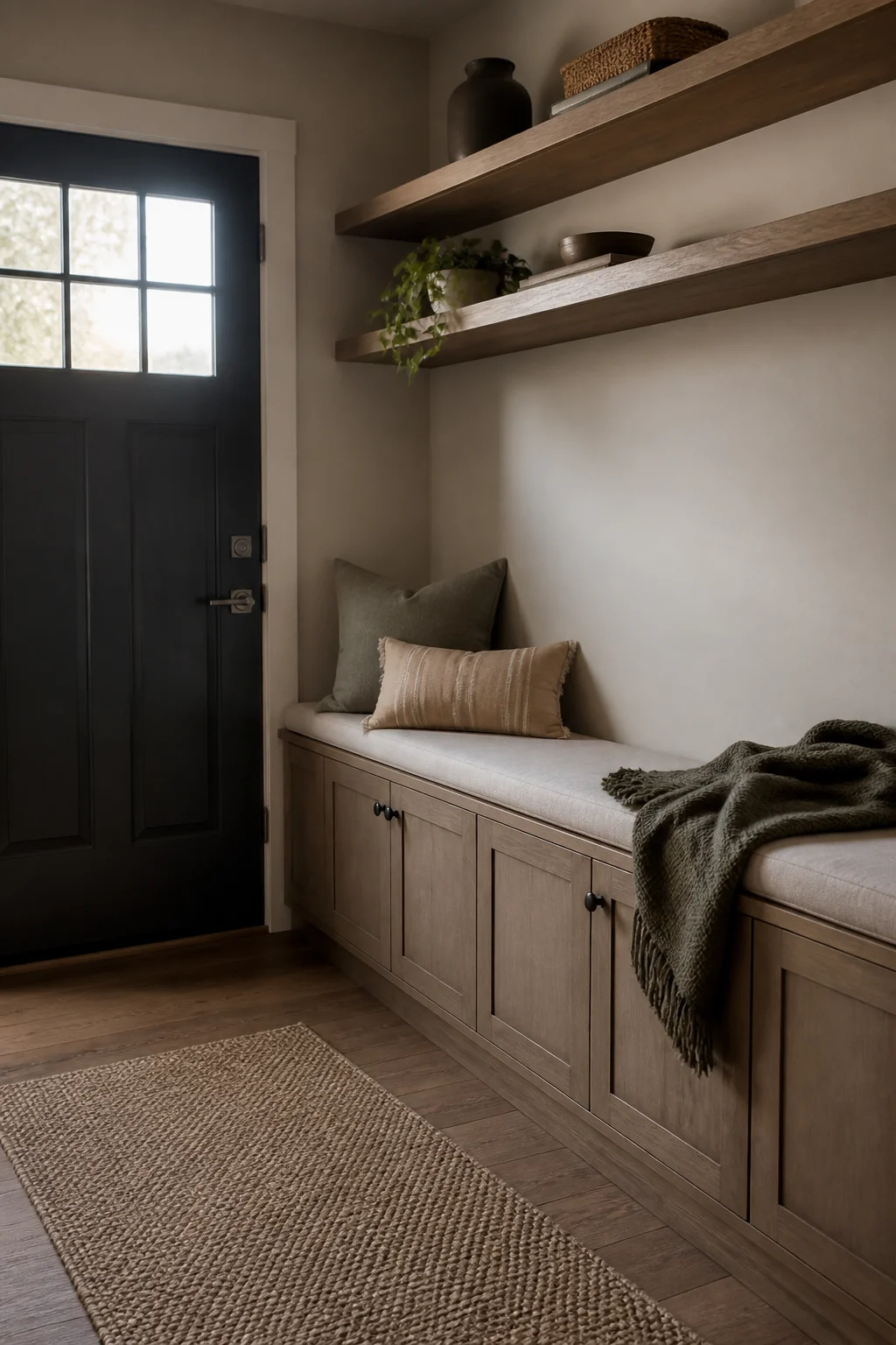A Long Low Cabinet With Doors and a Bench Seat On Top