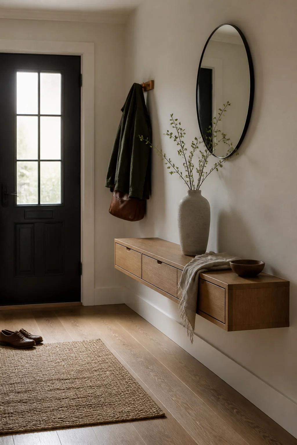 A Narrow Floating Bench With Drawers Underneath
