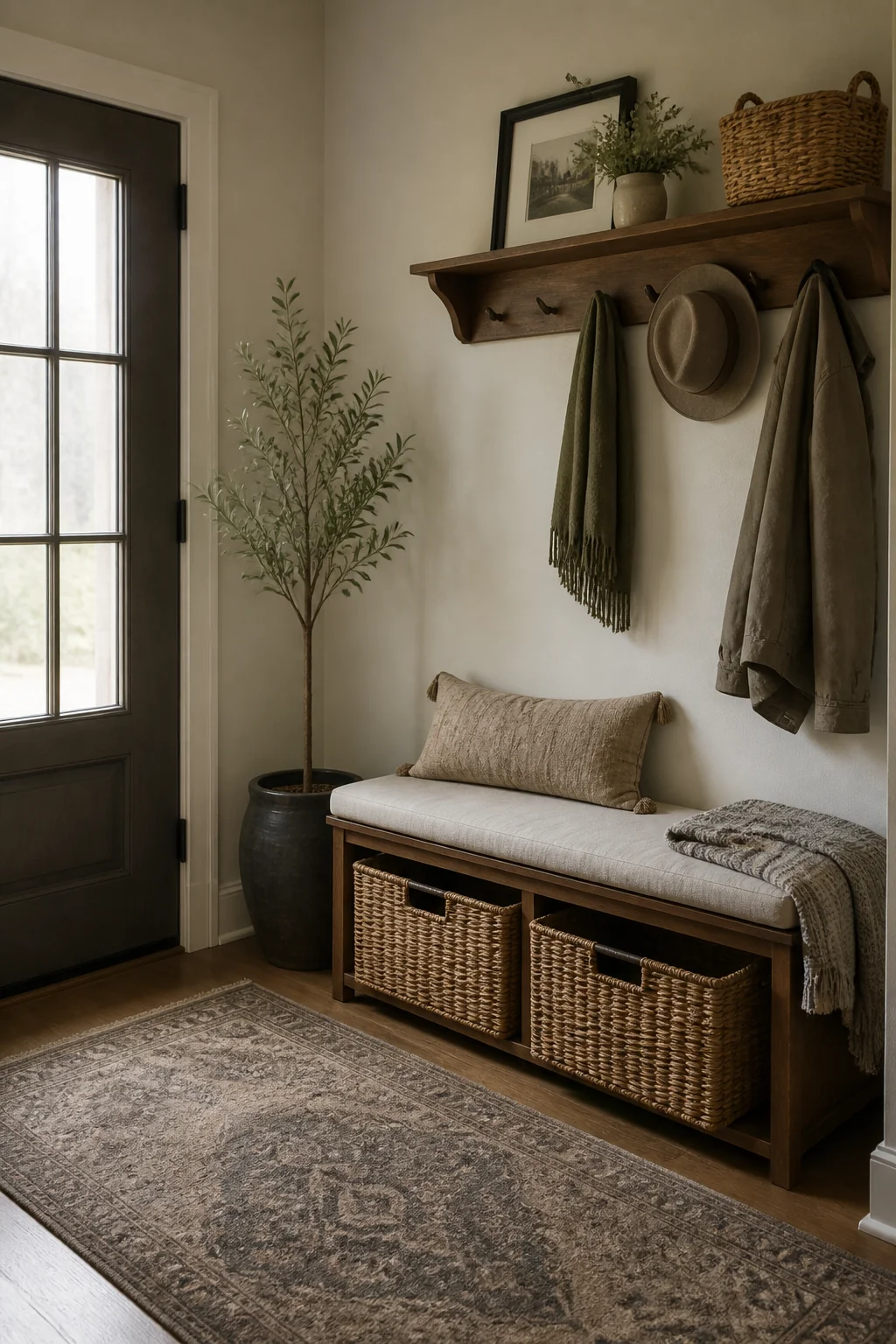 A Bench With Woven Baskets That Slide Underneath