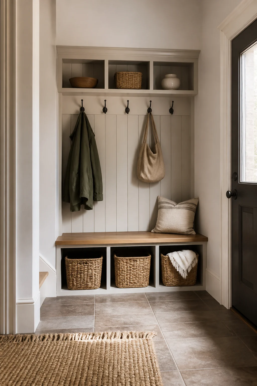 A Bench With Cubbies and Hooks Above for Coats