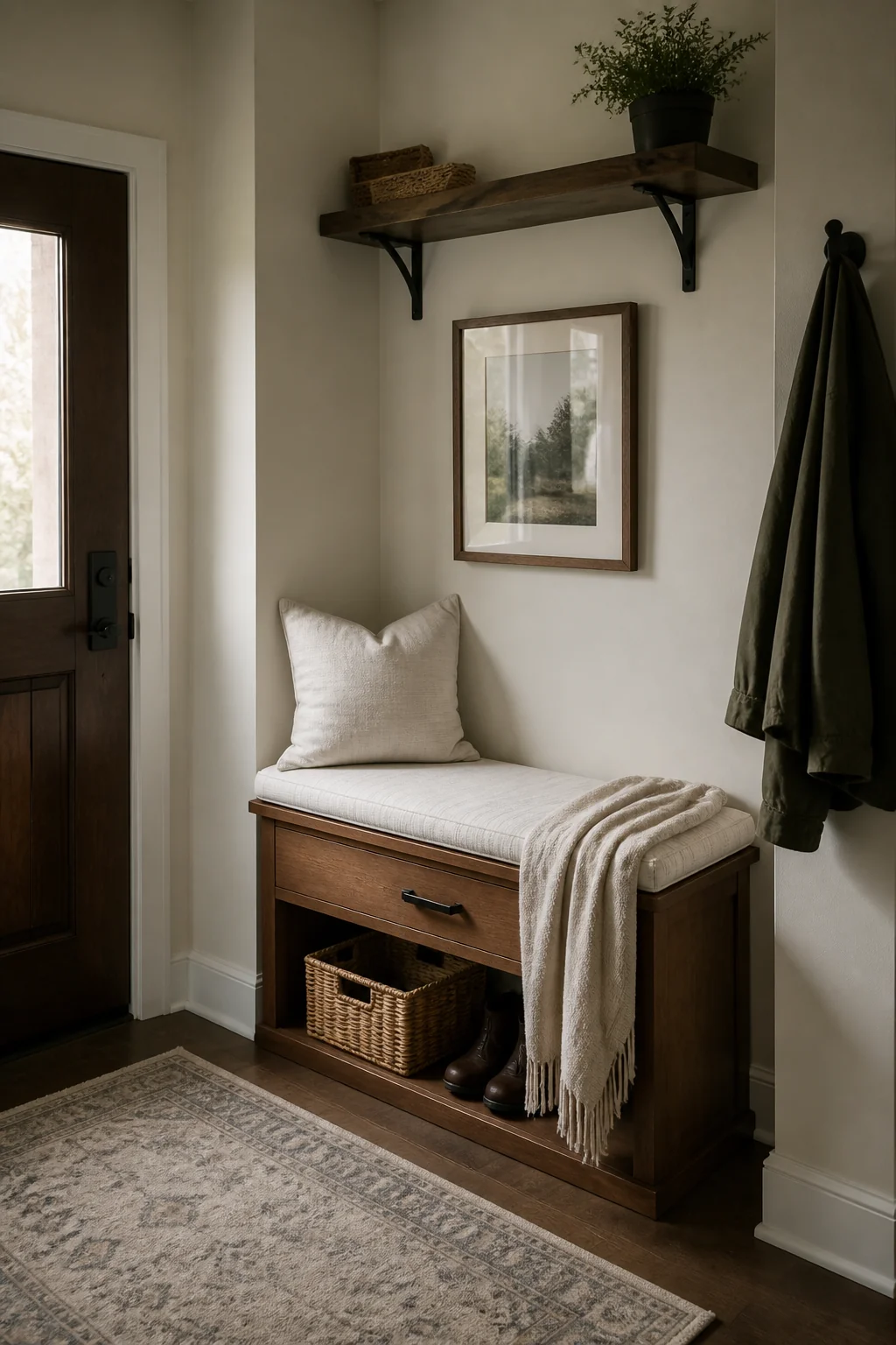 A Bench Seat With A Drawer And Open Cubby Below