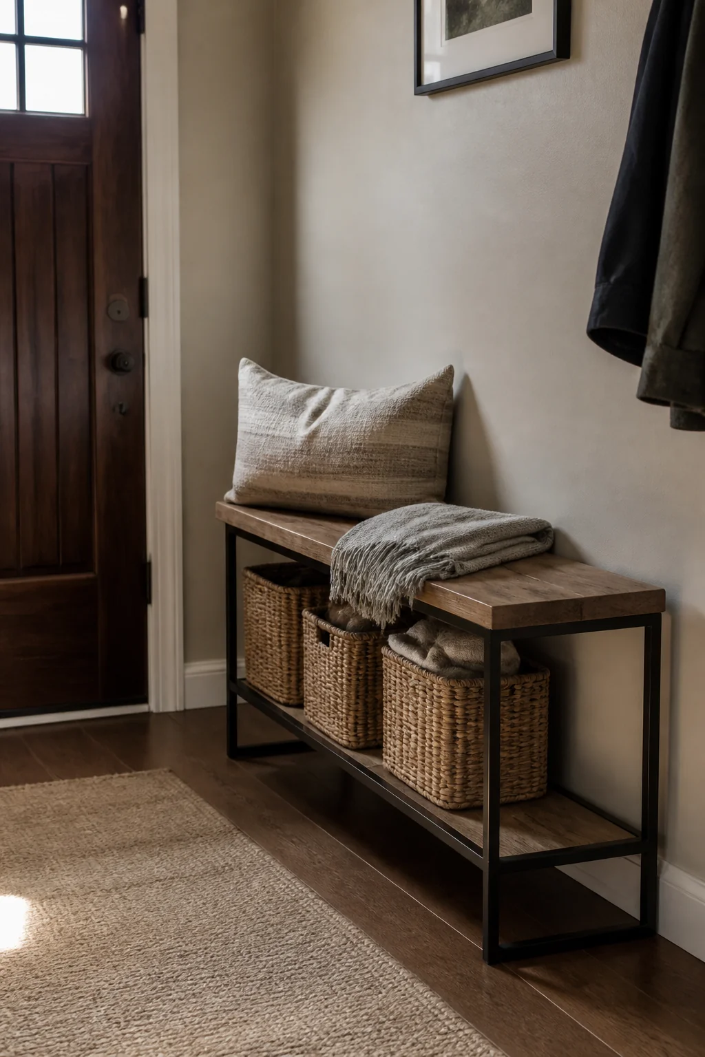 A Metal Frame Bench With A Wooden Seat And Woven Cubbies