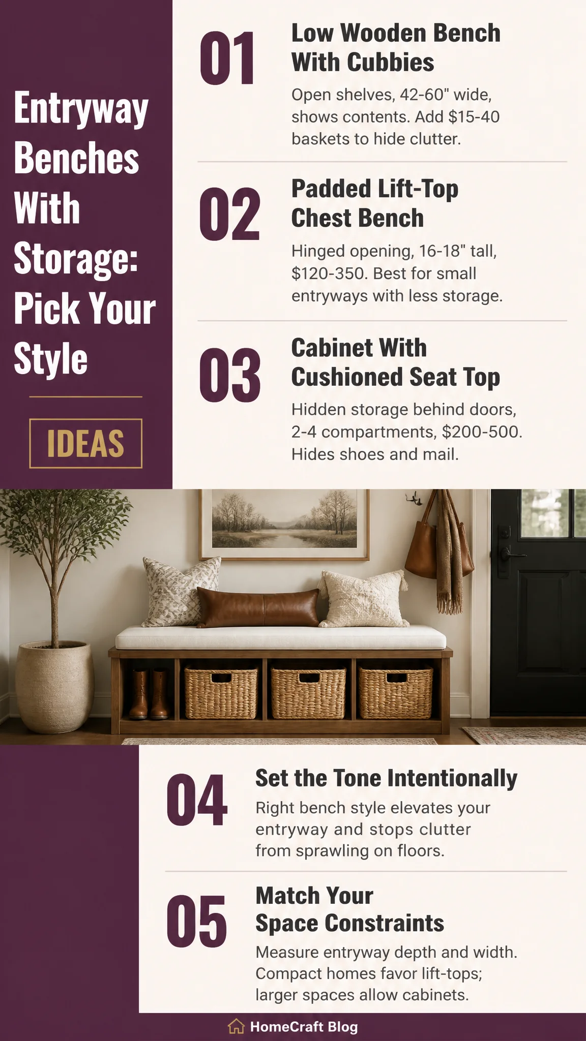 Infographic: Need to know which entryway storage bench fits your space, style, and budget all at once? This visual breakdown of 10 options gives you the details you'll check every time you shop: dimensions, materials, storage type, and price range. Whether you're hunting for a narrow bench for a hallway or a wide cushioned piece for a foyer, the specifics are laid out so you can compare fast. Return here whenever you're narrowing down your final choice.