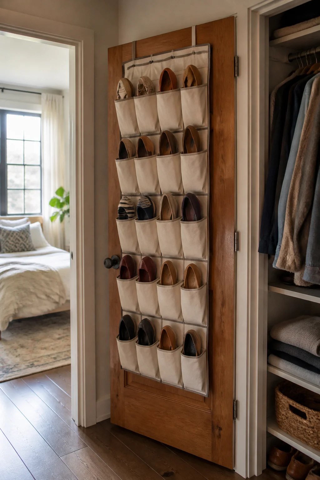 Wall-mounted shoe pockets behind the door