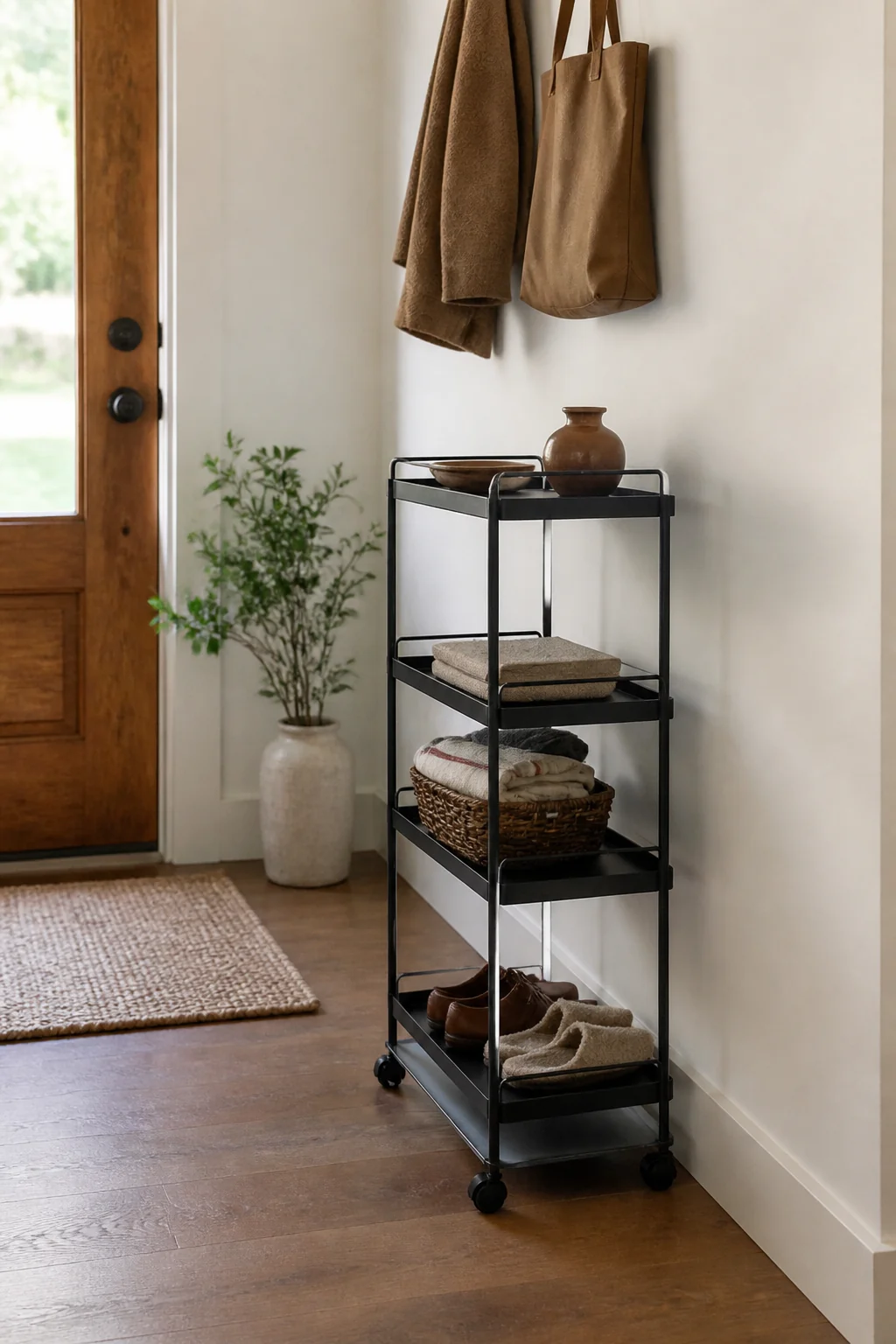 Rolling cart with narrow shelves