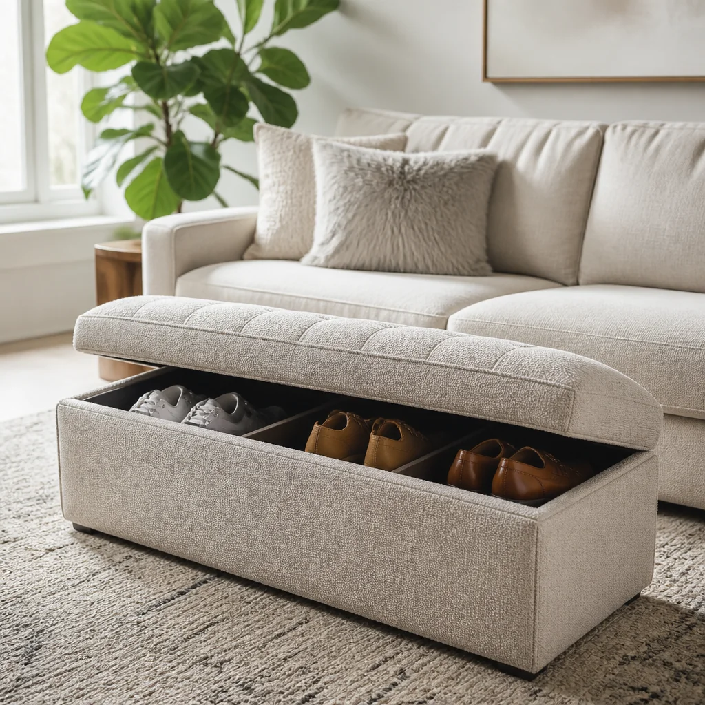Shoe storage ottoman at the seating area