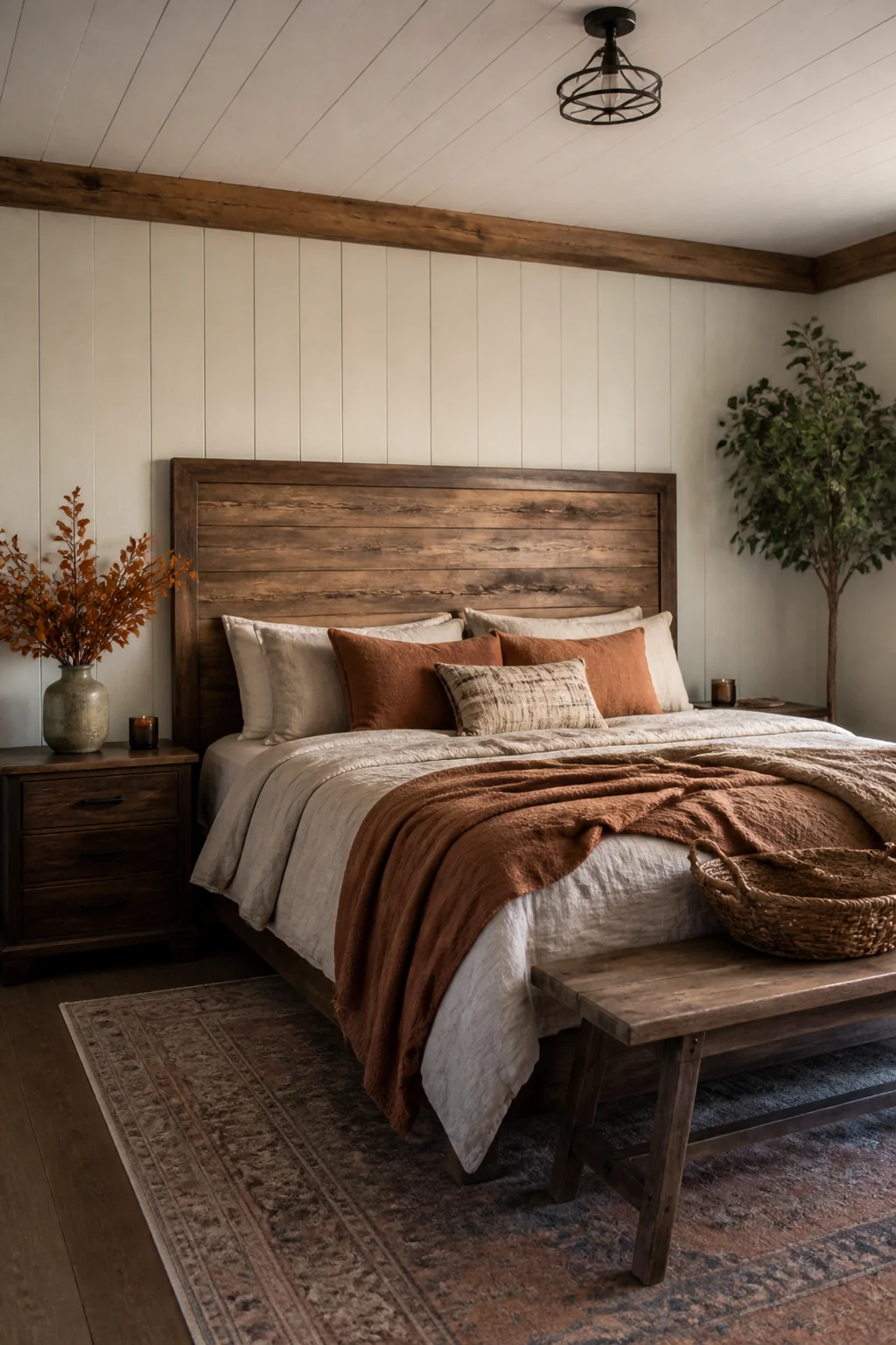 Introduce a wood headboard or wall paneling