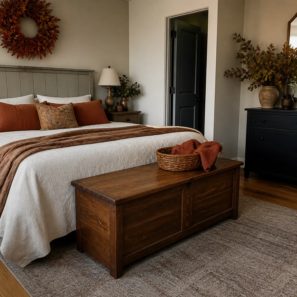 Place a wooden storage bench at the foot of the bed