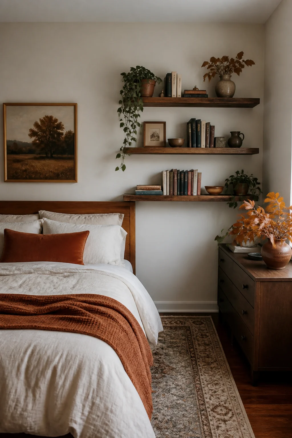 Install wooden wall shelves for books and decor