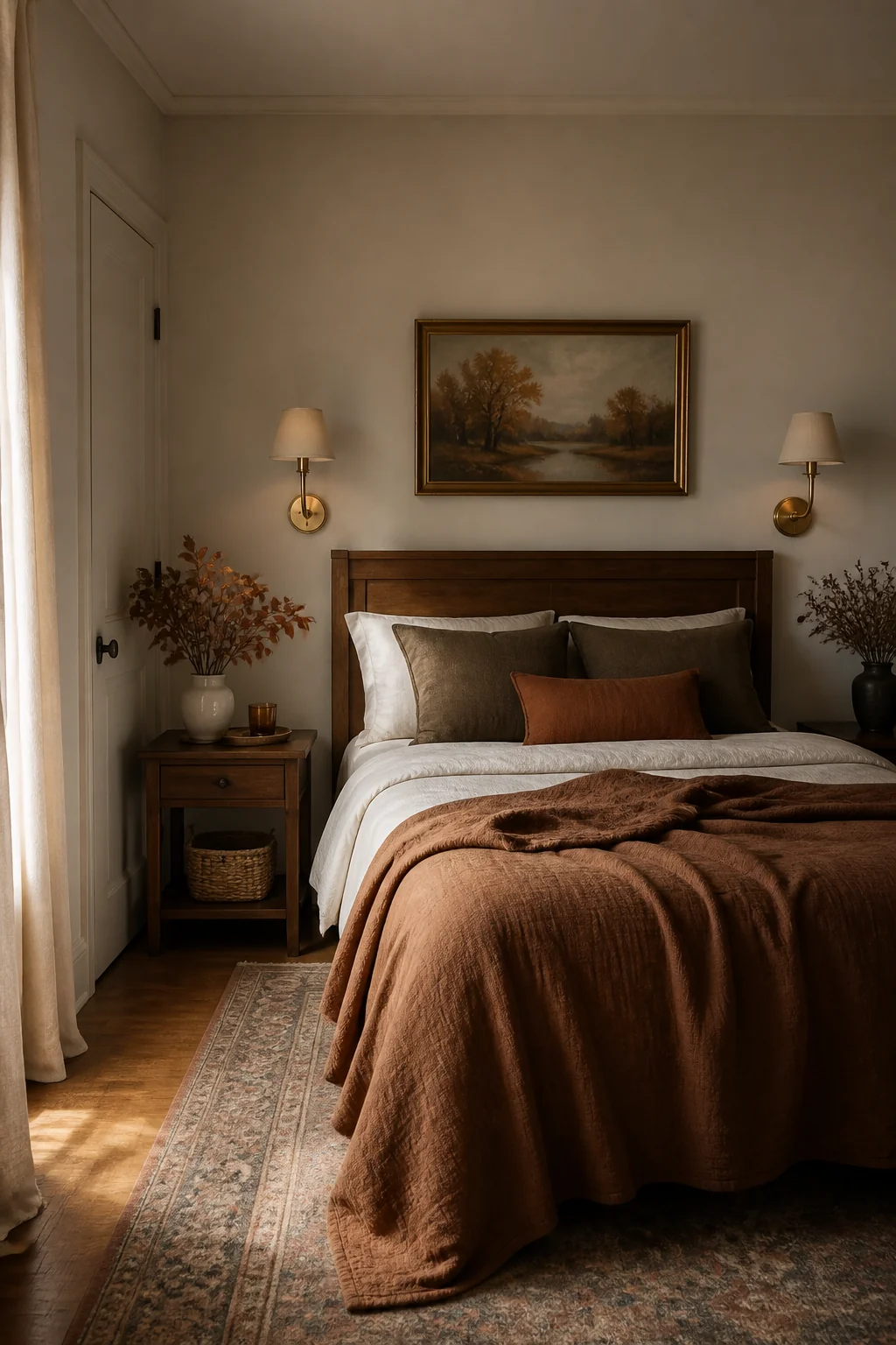 Install warm-toned wall sconces flanking the headboard