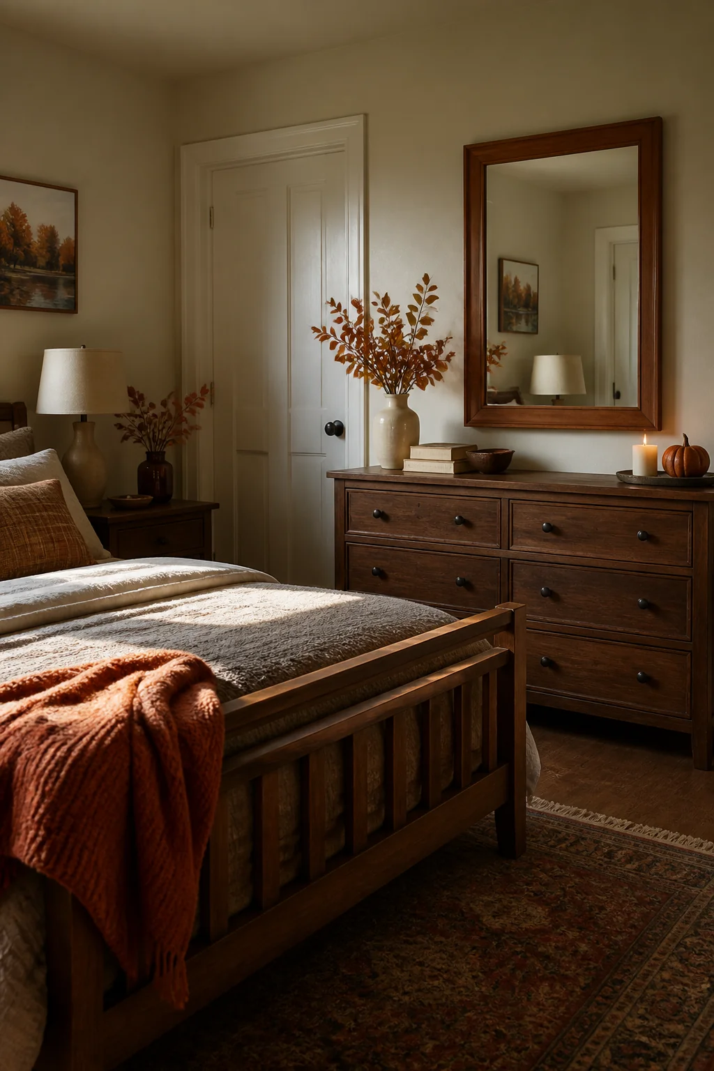 Add a simple wooden mirror with a warm frame