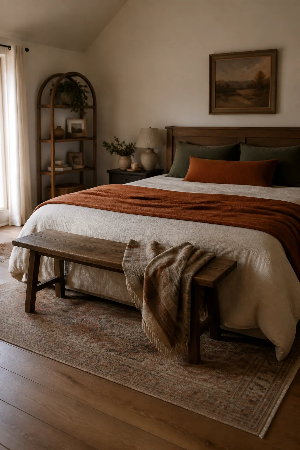 Layer a low-profile area rug under a wooden bench at the foot of the bed