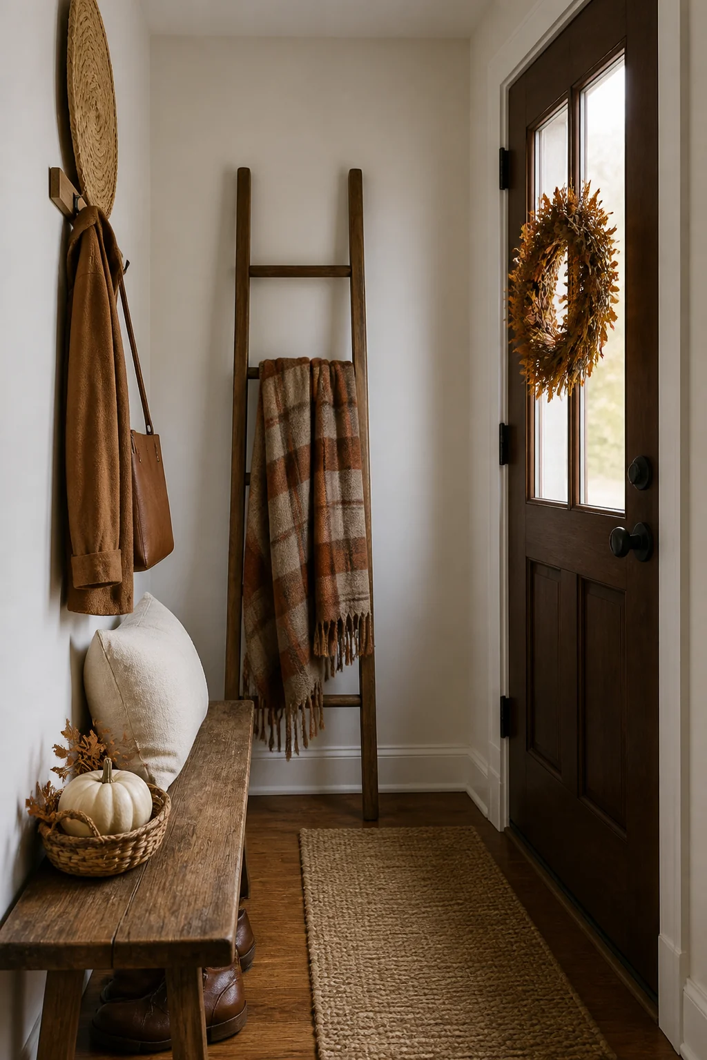 Hang a narrow wooden ladder against the short wall
