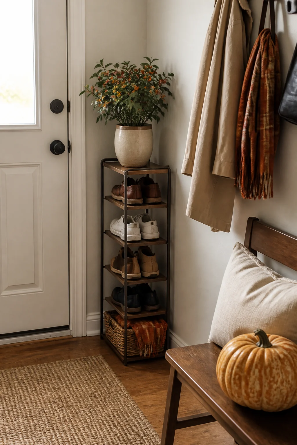 Use a narrow shoe rack as a plant stand for fall greenery