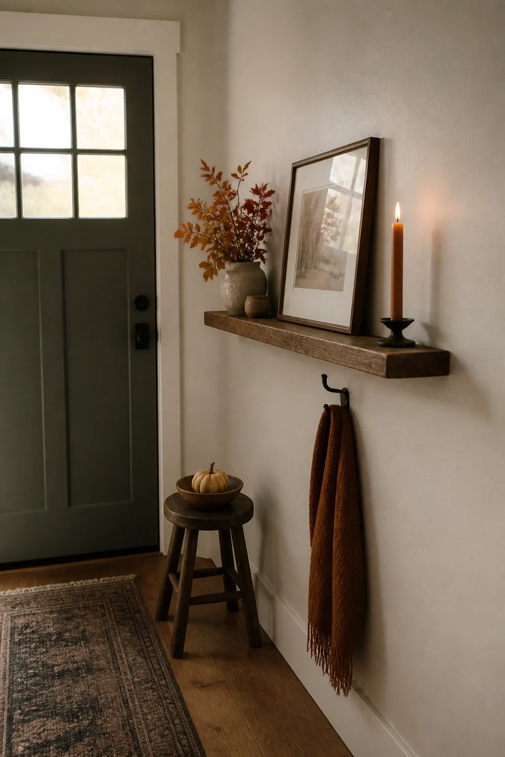Attach a slim wall-mounted shelf for seasonal rotation