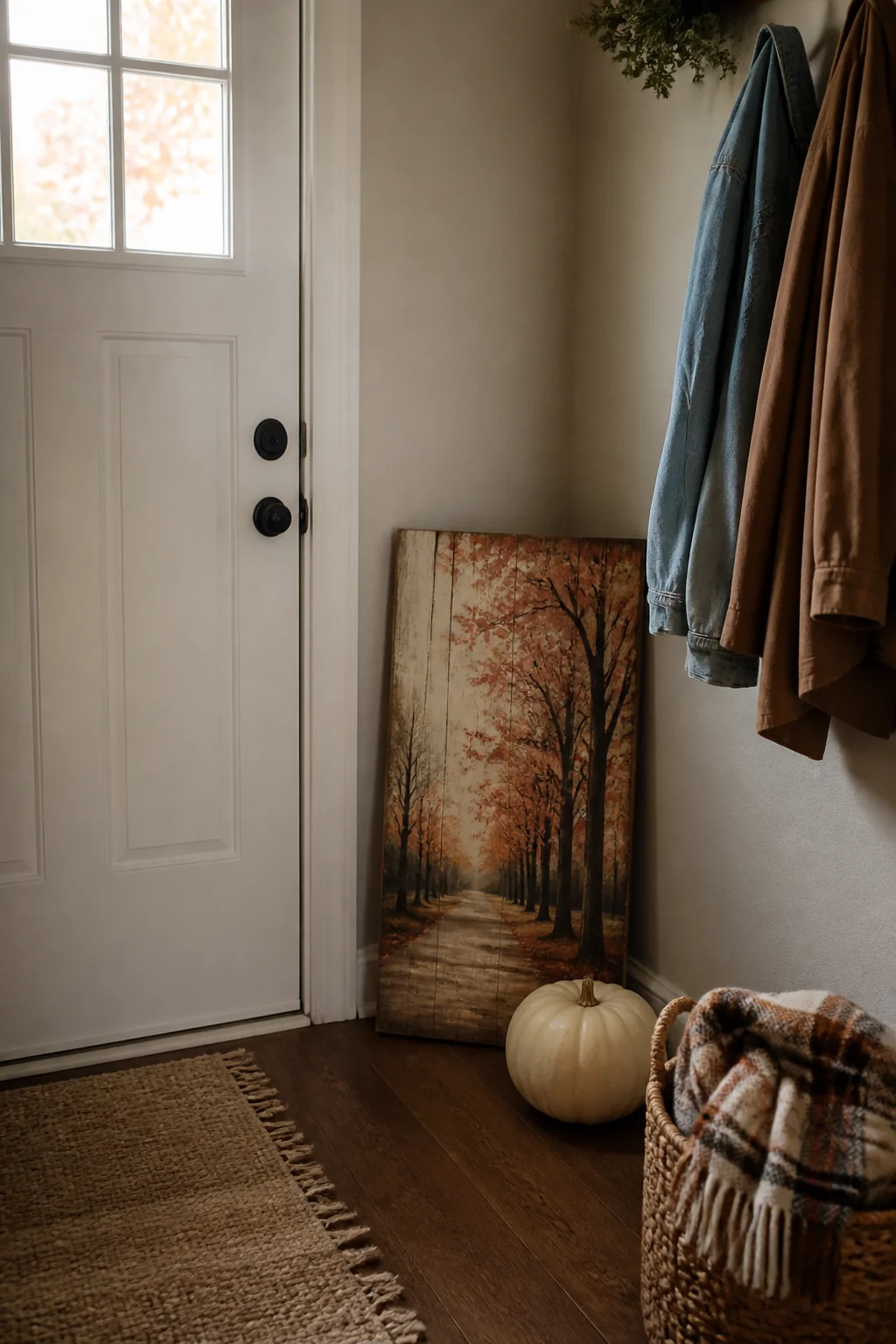 Prop a fall-themed art print or wooden sign in a corner
