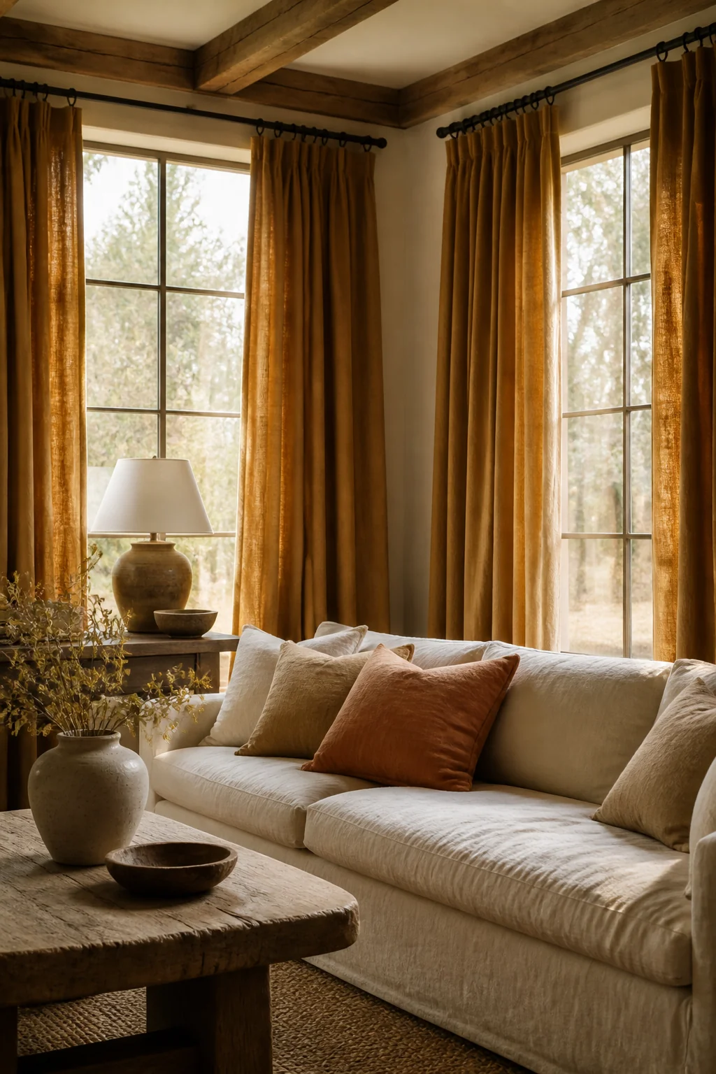 Swap out white curtains for heavy linen in warm gold or rust